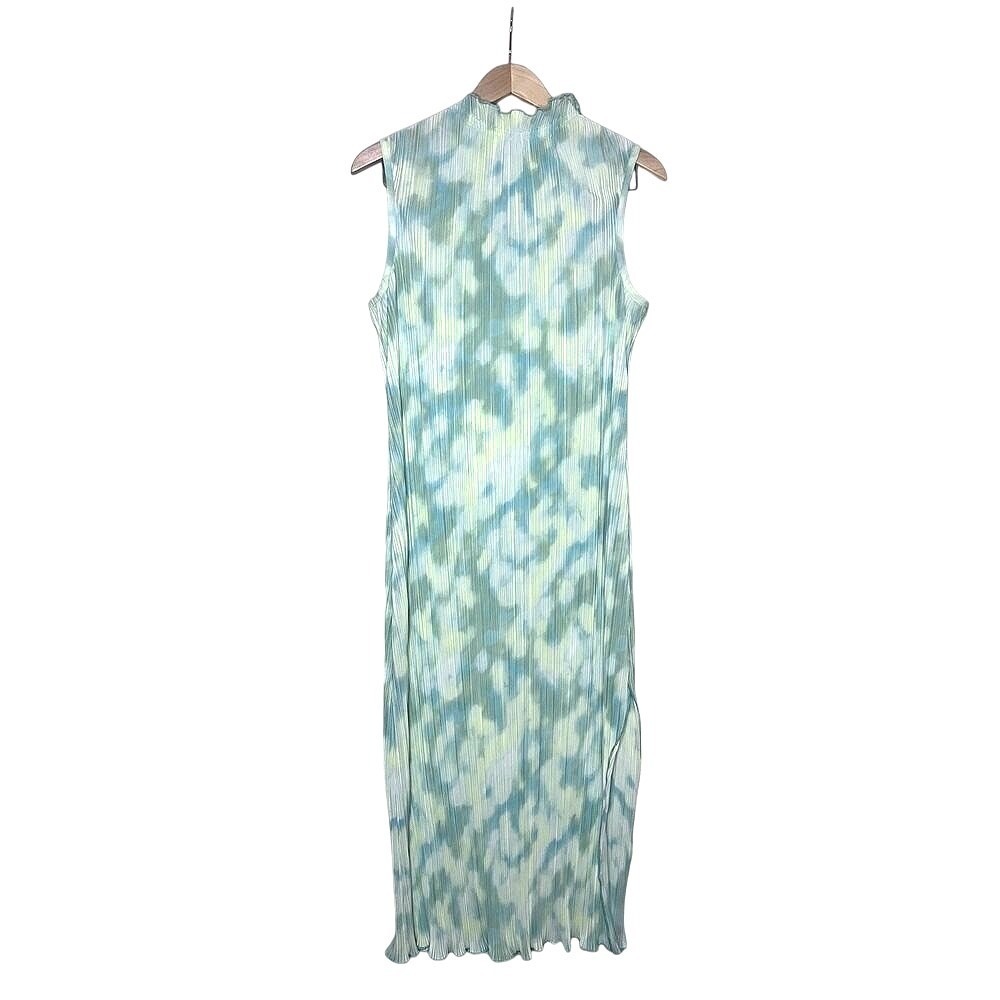 Future Collective Blue‎ Green Watercolor Plisse Sleeveless Artsy Boho Midi Dress
